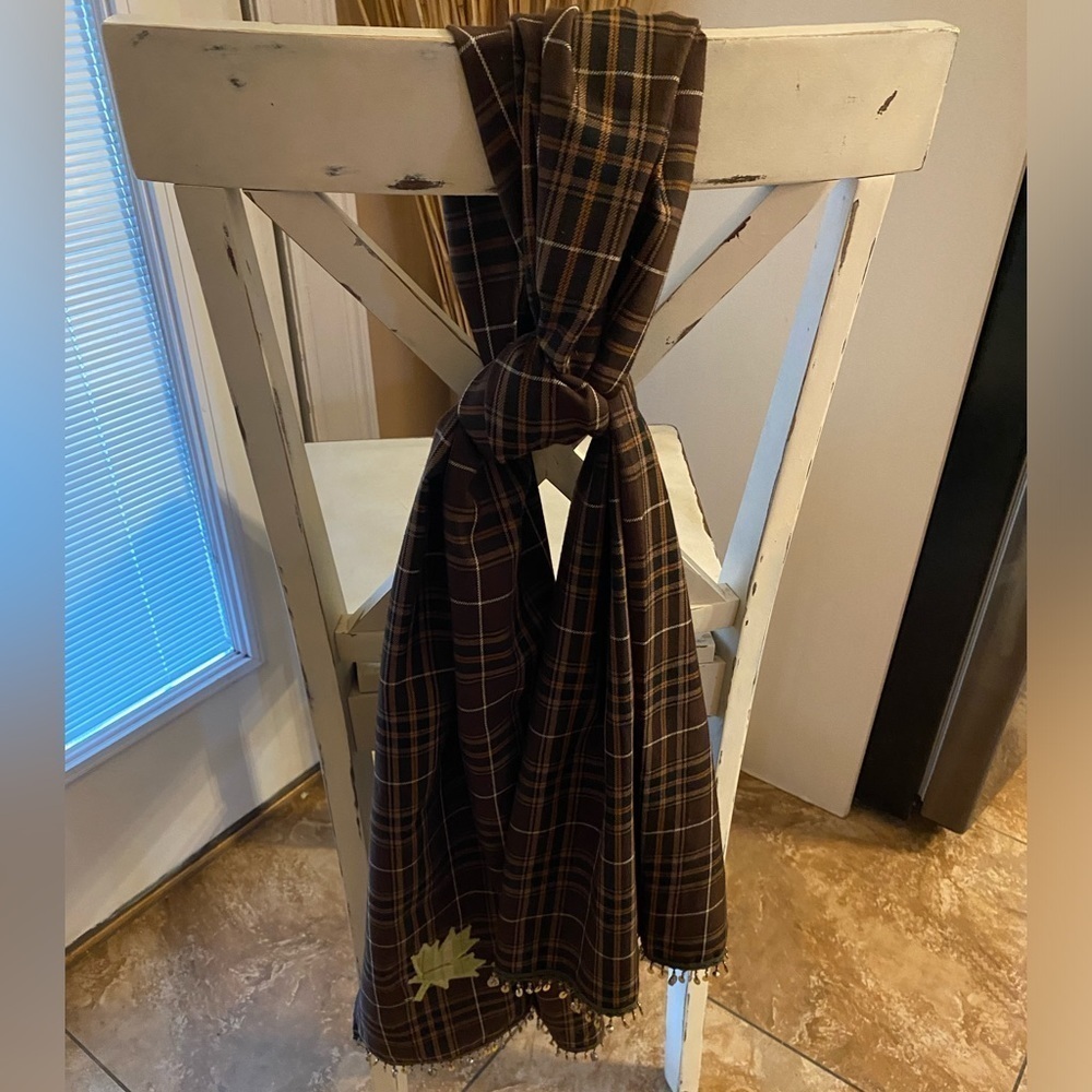 Ella Kennedy Design large handmade  oversized brown plaid shawl scarf beaded hem